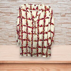 Charming Charlie Checkered Floral Blouse in Cream and Red